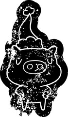 quirky cartoon distressed icon of a content pig wearing santa hat