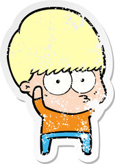 distressed sticker of a nervous cartoon boy