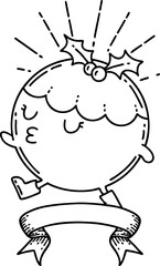 scroll banner with black line work tattoo style christmas pudding character walking