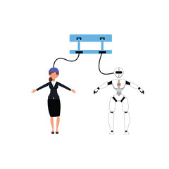 Artificial Intelligence, Chatbot, using and chatting artificial intelligence chat bot developed by tech company. Digital chat bot, robot application, conversation assistant concept flat vector