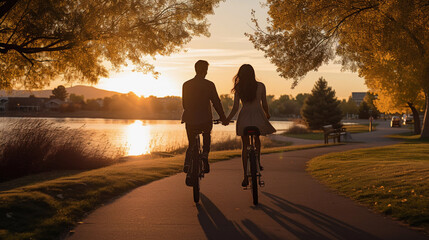 Silhouetted Couple Cycling at Sunset by Lake