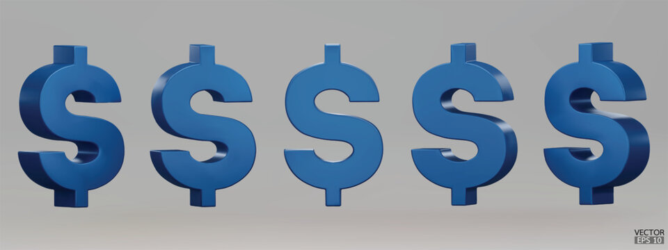 Set of blue US dollar currency symbol isolated on gray background. Blue dollar sign. 3D signs money currency sign. 3D vector Illustration.