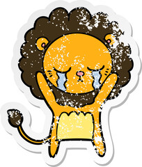 distressed sticker of a crying cartoon lion
