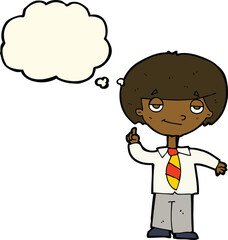cartoon school boy answering question with thought bubble