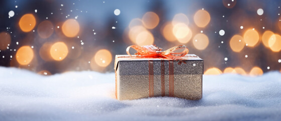 christmas background with gift box and bokeh lights