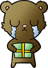 crying cartoon bear with present