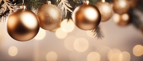Naklejka na ściany i meble Golden Christmas balls hanging on fir tree against blurred festive lights