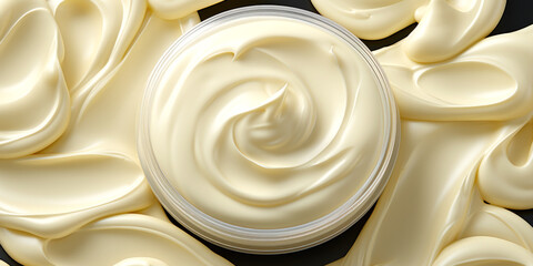 texture of a cosmetic cream for face or body in an open plastic jar on a dark background.