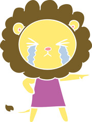 flat color style cartoon crying lion wearing dress