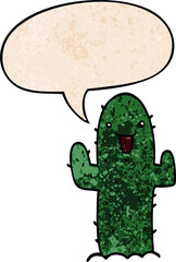 cartoon cactus with speech bubble in retro texture style