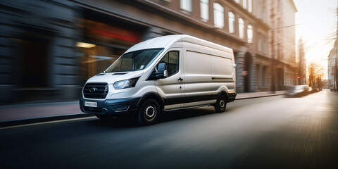 White delivery van on the road with motion blur - obrazy, fototapety, plakaty