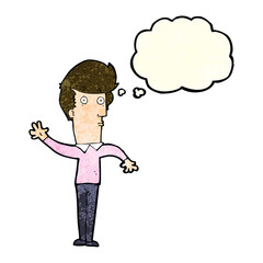 cartoon nervous man waving with thought bubble