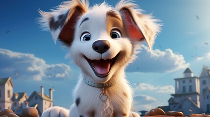 3d cartoon happy puppy indoor with sky blue background