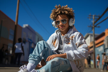 Fototapeta na wymiar Modern black teenager sitting on an urban street listening to music on headphones