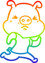 rainbow gradient line drawing of a cartoon angry pig wearing tee shirt