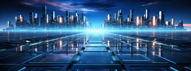 New future technology, futuristic environments, cyber space.science, development concept. city with skyscrapers and waves of energy from big computer. banner