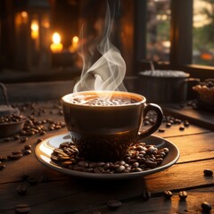 A Refreshing Cup of Steaming Hot Coffee on a Rustic Wooden Table. A cup of coffee sitting on top of a wooden table.