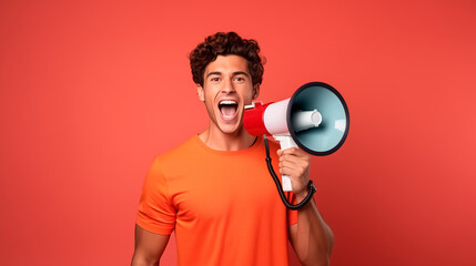 Young man on an orange background holding a megaphone making a call - obrazy, fototapety, plakaty
