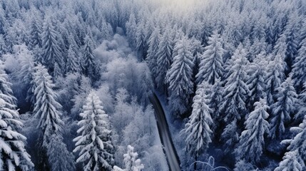 Fototapeta na wymiar Aerial view of snowy forest with a road