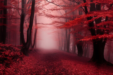 autumn red forest with red leaves and black trees. Beautiful scenery wallpaper