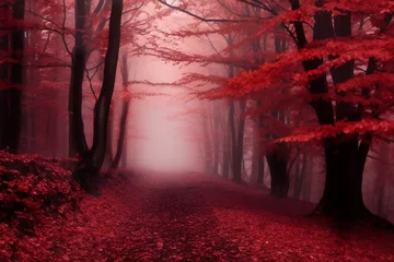 Tuinposter autumn red forest with red leaves and black trees. Beautiful scenery wallpaper © kilimanjaro 