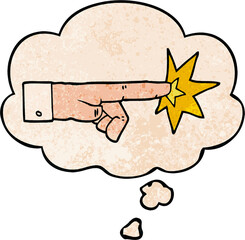 cartoon pointing hand with thought bubble in grunge texture style