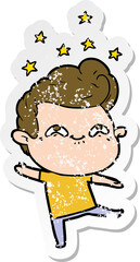 distressed sticker of a cartoon excited man