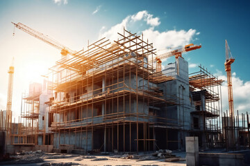 High-rise building under construction. Platform with cranes against blue sky