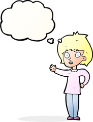 cartoon happy woman with thought bubble