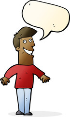 cartoon grinning man with speech bubble