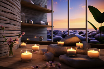 A spa room equipped with candles and hot stones - providing relaxation therapy in a soothing...