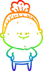 rainbow gradient line drawing of a cartoon happy old woman