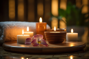Candles strategically placed in a spa - providing ambient lighting and contributing to a soothing and peaceful relaxation therapy experience with a wellness focus.