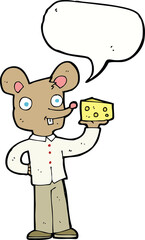 cartoon mouse holding cheese with speech bubble