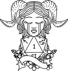 Black and White Tattoo linework Style crying tiefling with natural one D20 roll