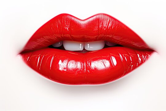 Lips with red lipstick isolated on white background. Generative Ai