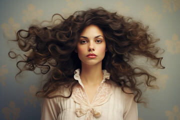 Fototapeta premium Portrait of a young curly brunette girl with perfect skin