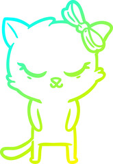 cold gradient line drawing of a cute cartoon cat with bow