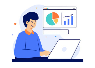 businessman working with a laptop and a chart on the screen. simple and clean illustration