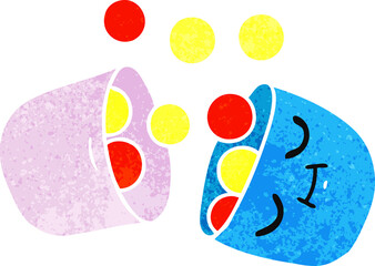 freehand drawn retro cartoon of a smiling pill