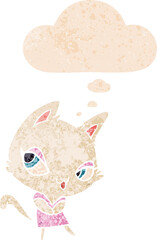 cartoon female cat with thought bubble in grunge distressed retro textured style