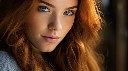 Fototapeta premium Naturalistic portrait of a young girl brown hair girl sunlit close-up. The concept of natural female beauty. Illustration for cover, card, postcard, interior design, poster, brochure, presentation.