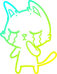 cold gradient line drawing of a crying cartoon cat
