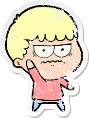 distressed sticker of a cartoon annoyed man