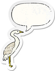 cartoon stork with speech bubble distressed distressed old sticker