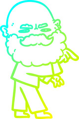 cold gradient line drawing of a cartoon man with beard frowning and pointing