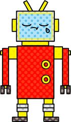 comic book style cartoon of a crying robot