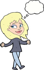 stress free woman cartoon with thought bubble
