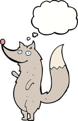 cartoon waving wolf with thought bubble