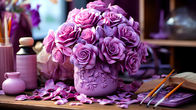 vase with beautifully arranged purple roses on a wooden surface, with scattered petals and painting supplies, giving a creative and artistic vibe